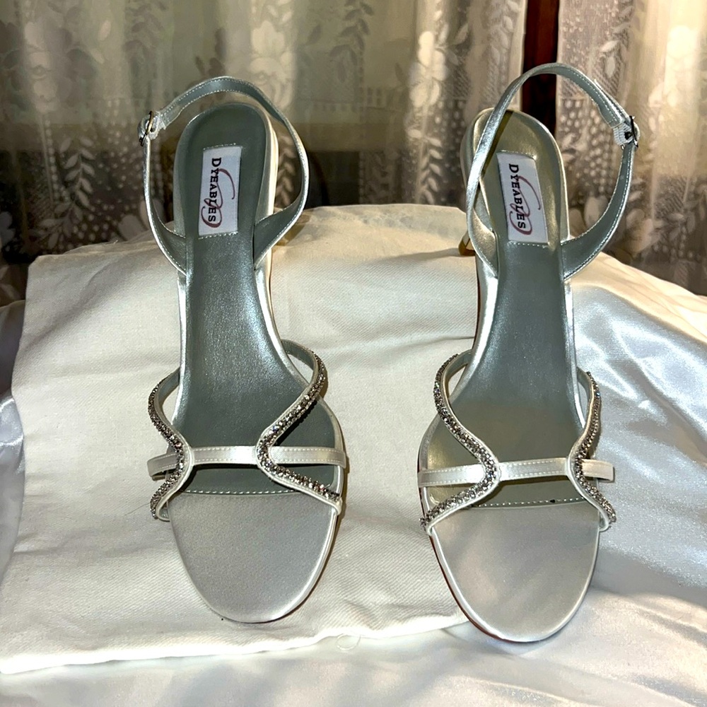 White Satin Kitten heel with rhinestones